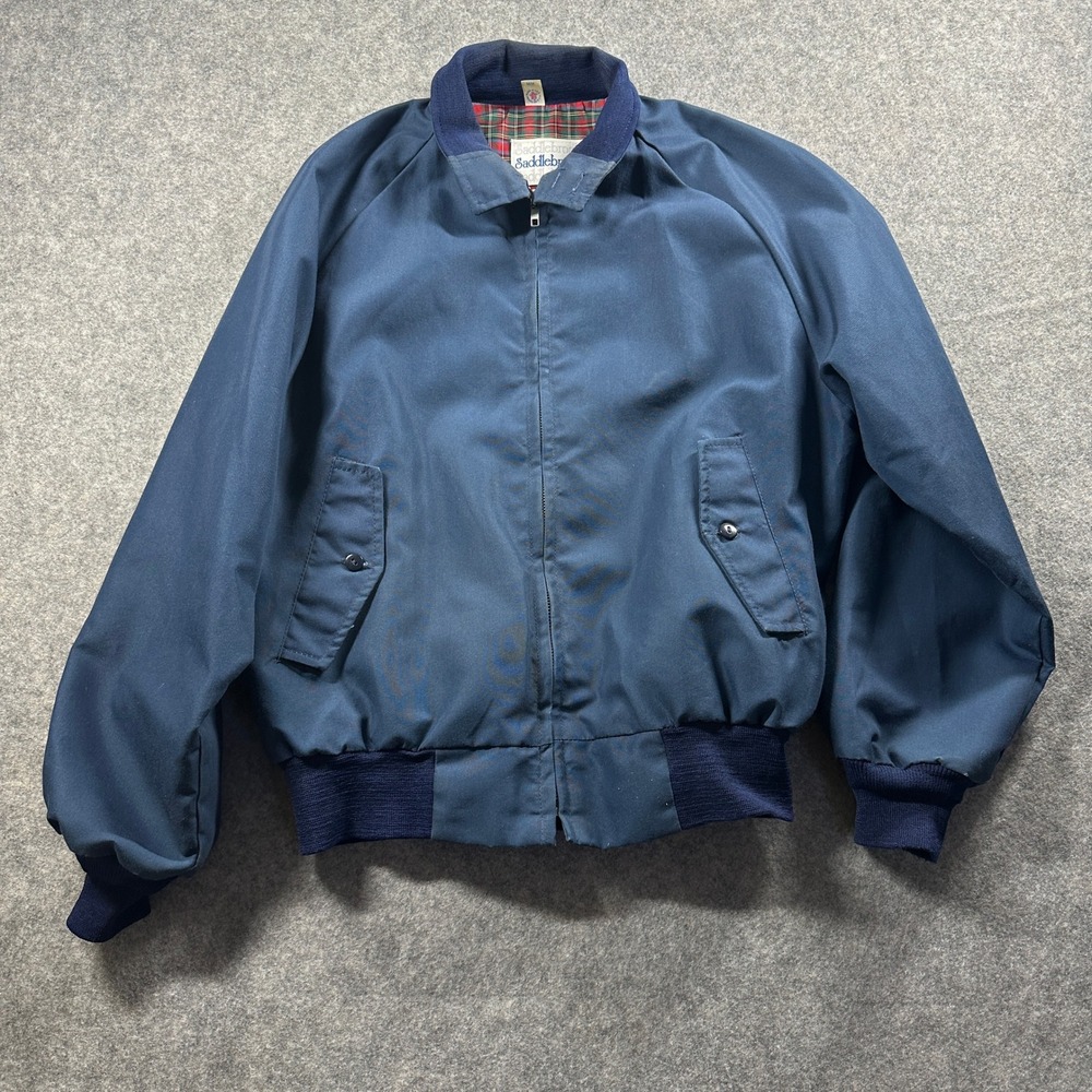 Saddlebrook Harrington Jacket Mens M Navy Blue Plaid Lined Made in USA Vintage